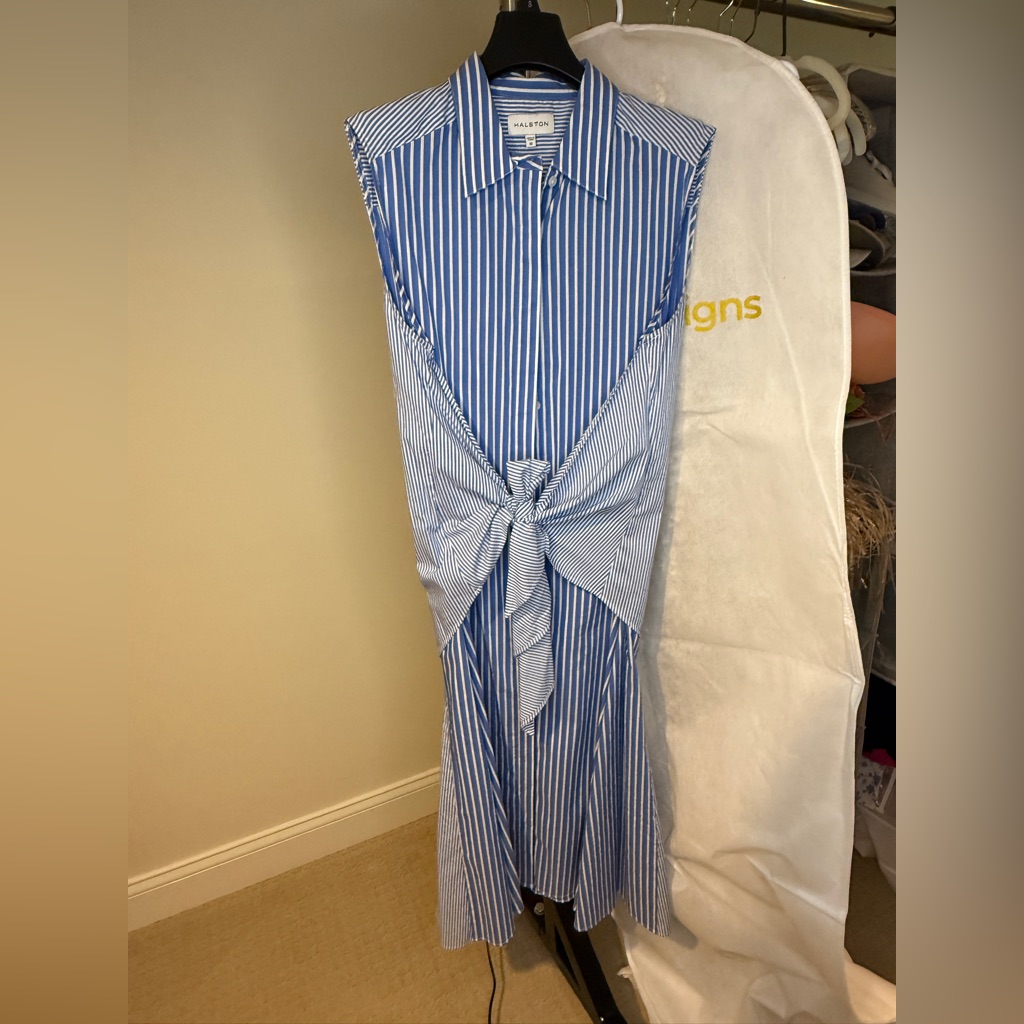 Halston Cari Dress In Striped Shirting - Blue And White Tie Front Midi Dress
